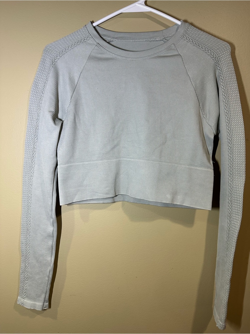 Offline by Aerie Cropped Long-Sleeve Crewneck Top in Light Sage